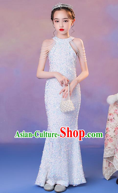 Girls Evening Dress Temperament Slim Mermaid Skirt Sequin Trailing Dress Children Host Model Catwalk Costumes