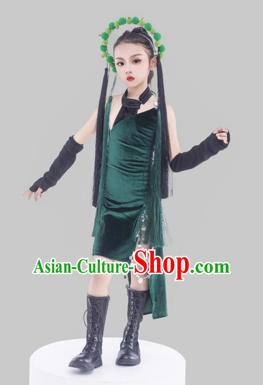 Girls Dark Green Cheongsam Suit Beijing Opera Elements Chinese Style Republic Of China Style Children Dress Catwalk