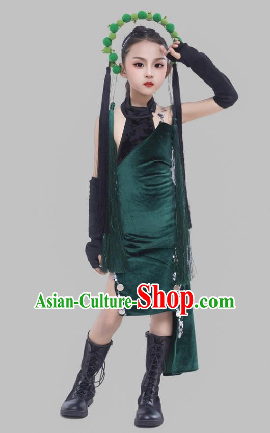 Girls Dark Green Cheongsam Suit Beijing Opera Elements Chinese Style Republic Of China Style Children Dress Catwalk