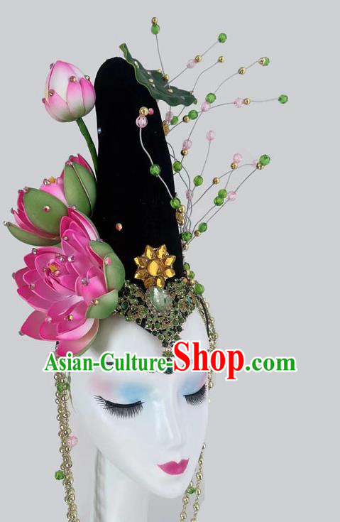 Chinese Classical Dance New Lotus Headdress Fake Hair Bun Long Tassel Art Examination Dance Supplies Performance Headdress