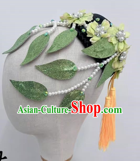 Chinese Classical Dance Fangchun Xing Wig Hair Bag Headdress Handmade Beaded Tassel Art Test Dance Headdress