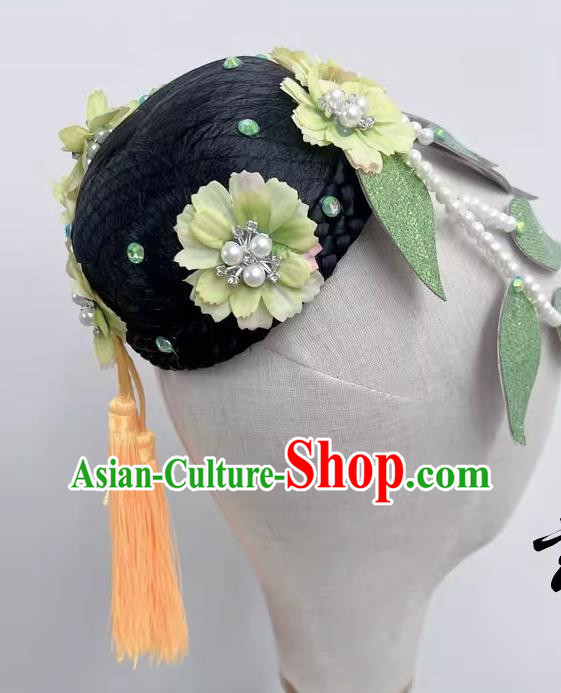 Chinese Classical Dance Fangchun Xing Wig Hair Bag Headdress Handmade Beaded Tassel Art Test Dance Headdress