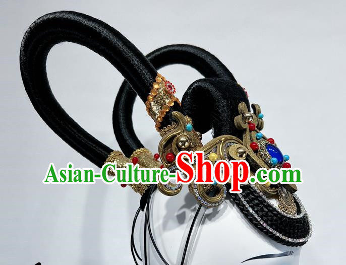 Dunhuang Feitian Art Test Performance Chinese Classical Dance Headdress Wig Double Ring Hair Bun Rebound Pipa Dance Headdress