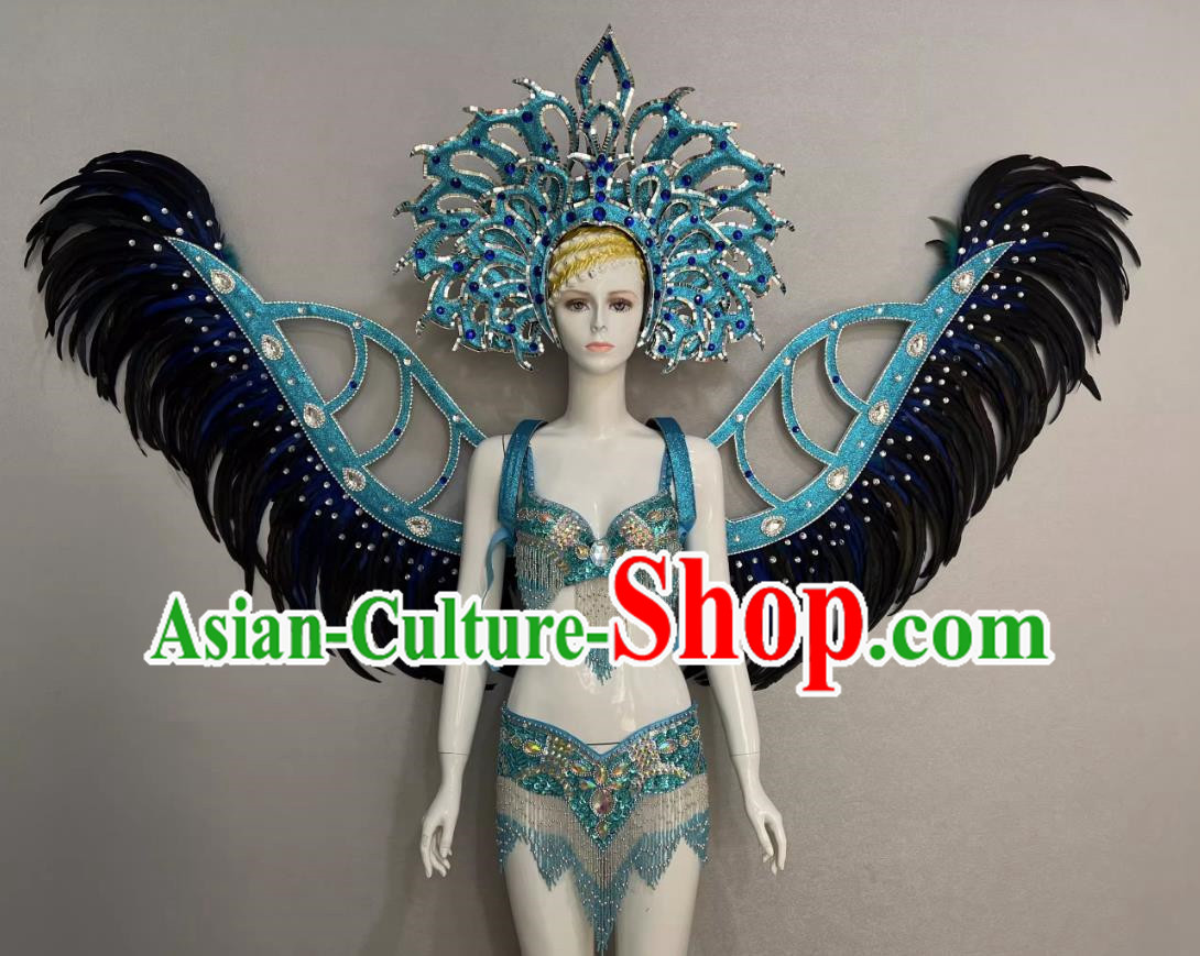 Blue Opening Dance Show Feather Headdress Dance Team Samba Costumes Mardi Gras Halloween