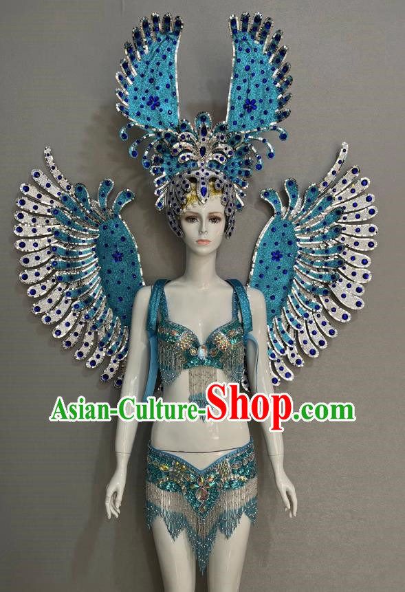 Blue Opening Dance Show Feather Headdress Dance Team Samba Costumes Mardi Gras Halloween