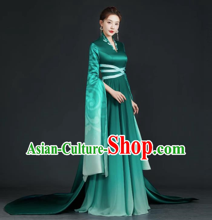 China Style Top Catwalk Evening Dress Trailing Long Model Team Stage Performance Clothing Art Test Dress Green