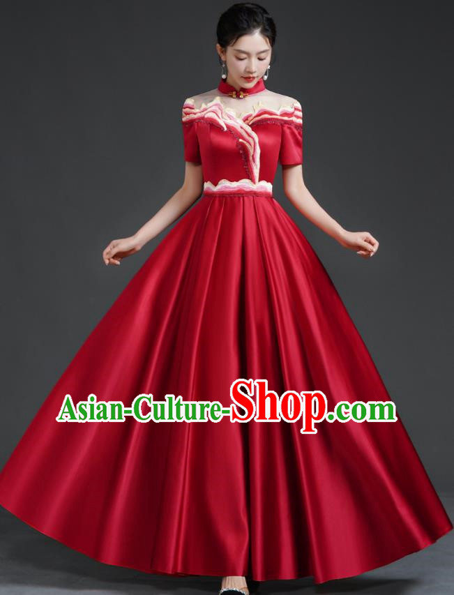 Chinese Banquet Evening Dress Choir Stage Model Catwalk Costume Wine Red