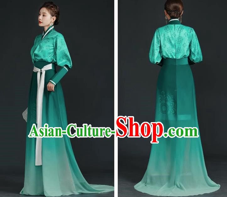 China Style Top Catwalk Evening Dress Trailing Long Model Team Stage Performance Clothing Art Test Dress Green
