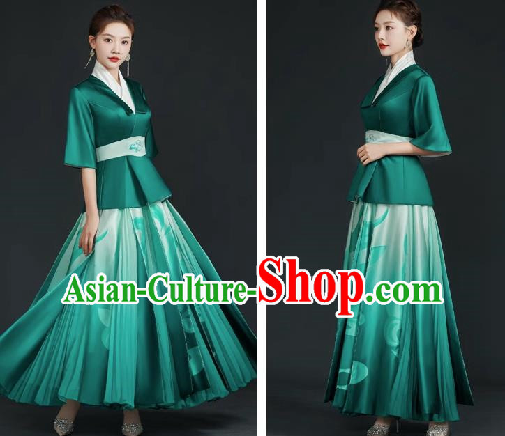 China Style Top Catwalk Evening Dress Trailing Long Model Team Stage Performance Clothing Art Test Dress Green