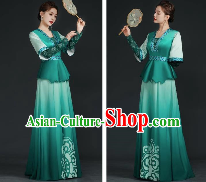 China Style Top Catwalk Evening Dress Trailing Long Model Team Stage Performance Clothing Art Test Dress Green