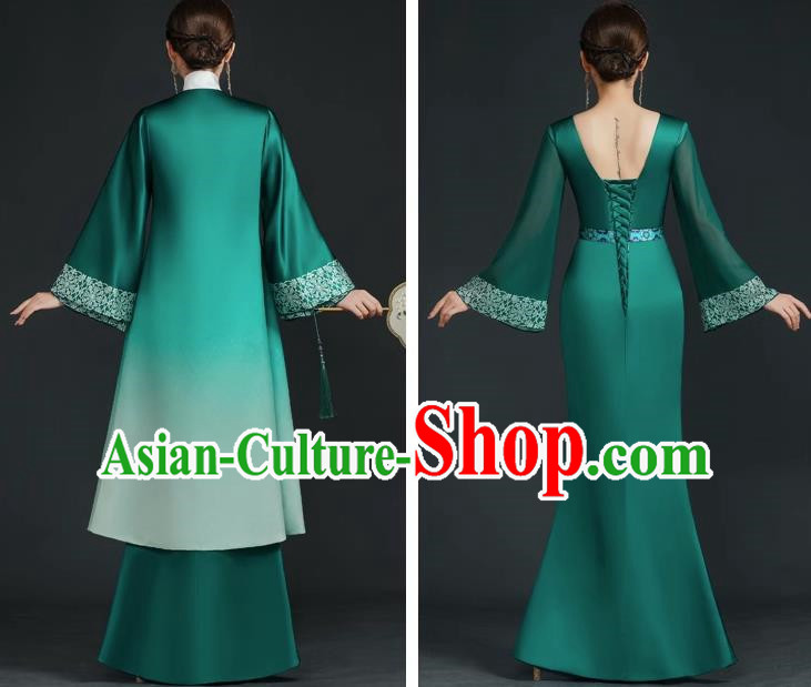 China Style Top Catwalk Evening Dress Trailing Long Model Team Stage Performance Clothing Art Test Dress Green