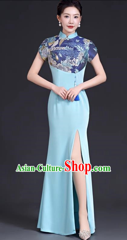 Top Fishtail Slit Evening Dress Chinese Style Model Catwalk Group Performance Costume Stage