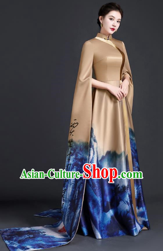 Chinese Style Top Atmospheric Model Catwalk Costumes Long Art Examination Cheongsam Dress Exaggerated Long Sleeved Host Clothing
