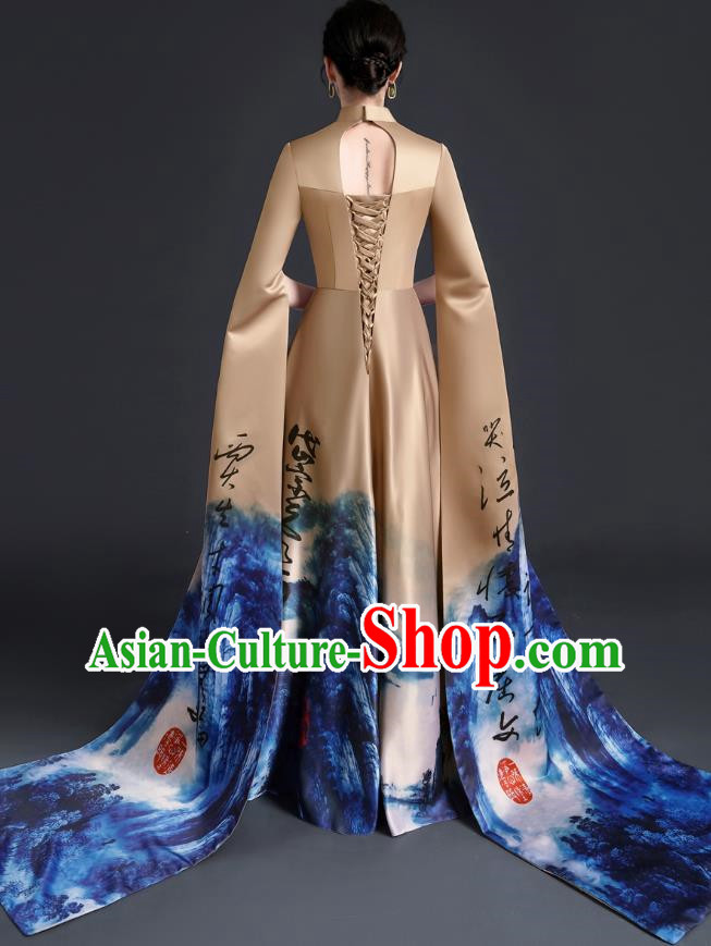 Chinese Style Top Atmospheric Model Catwalk Costumes Long Art Examination Cheongsam Dress Exaggerated Long Sleeved Host Clothing