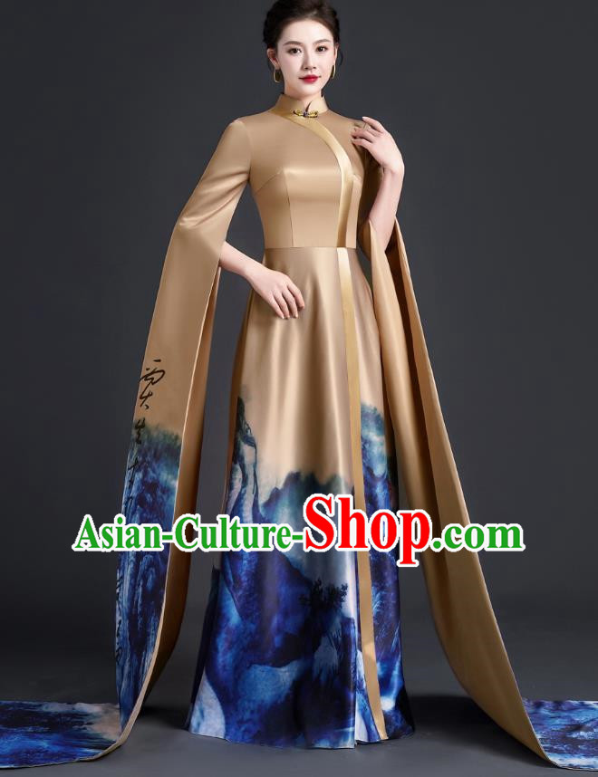 Chinese Style Top Atmospheric Model Catwalk Costumes Long Art Examination Cheongsam Dress Exaggerated Long Sleeved Host Clothing