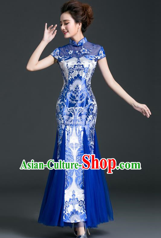 Chinese Style Cheongsam Evening Dress Long Fishtail Self Cultivation Annual Meeting Model Catwalk Costume Blue And White Porcelain
