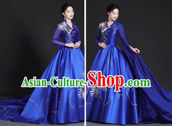 Chinese Style Top Trailing Evening Dress Model Catwalk Cheongsam Performance Costume Guzheng Playing Host Dress Blue