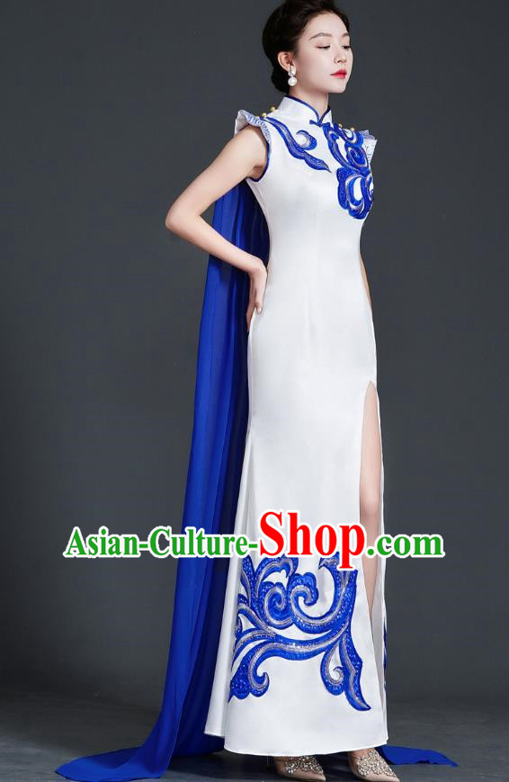 Chinese Style Top Cheongsam Dress Cape Long Fishtail Slim Model Catwalk Costume Blue And White
