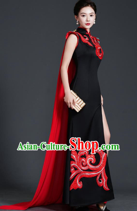 Retro Top Cheongsam Banquet Evening Dress Fishtail Slit Slim Catwalk Costume Cape