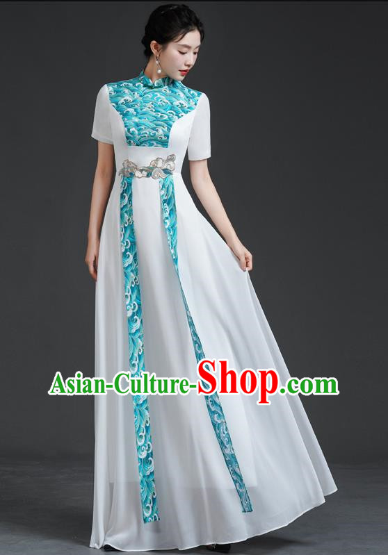 Chinese Style Top Retro Banquet Evening Dress Long White Large Chorus Model Catwalk Costume Chiffon Skirt