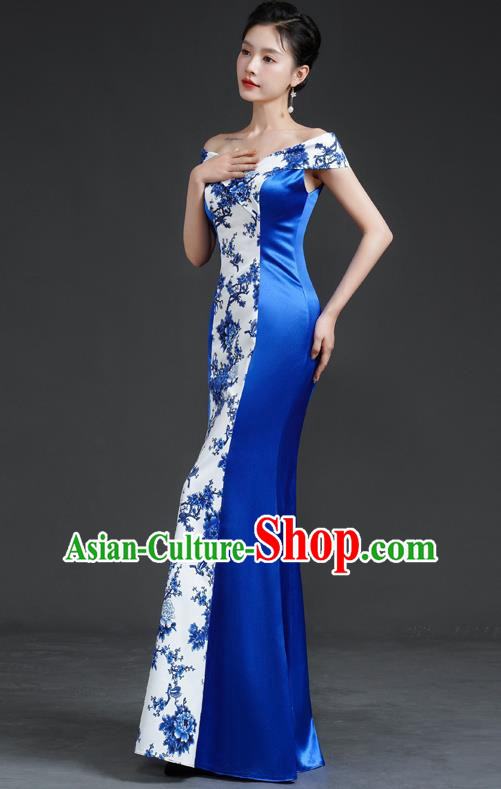 Chinese Retro Blue And White Porcelain Catwalk Cheongsam Performance Costume Long Fishtail Slim Top One Shoulder Evening Dress