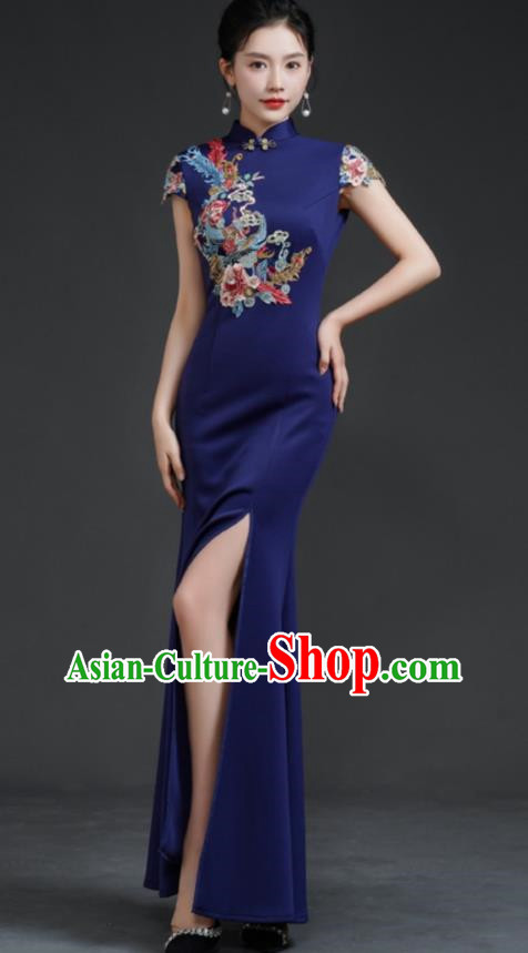 Chinese Fishtail Slit Cheongsam Long Dress Navy Blue Model Catwalk Stage Costume