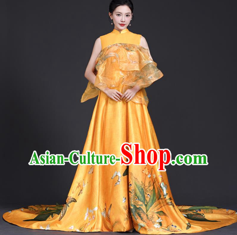 Chinese Style Top Big Tail Dress To Host The Banquet Dress Art Test Model Catwalk Show Exaggerated Performance Dress Skirt Self Cultivation
