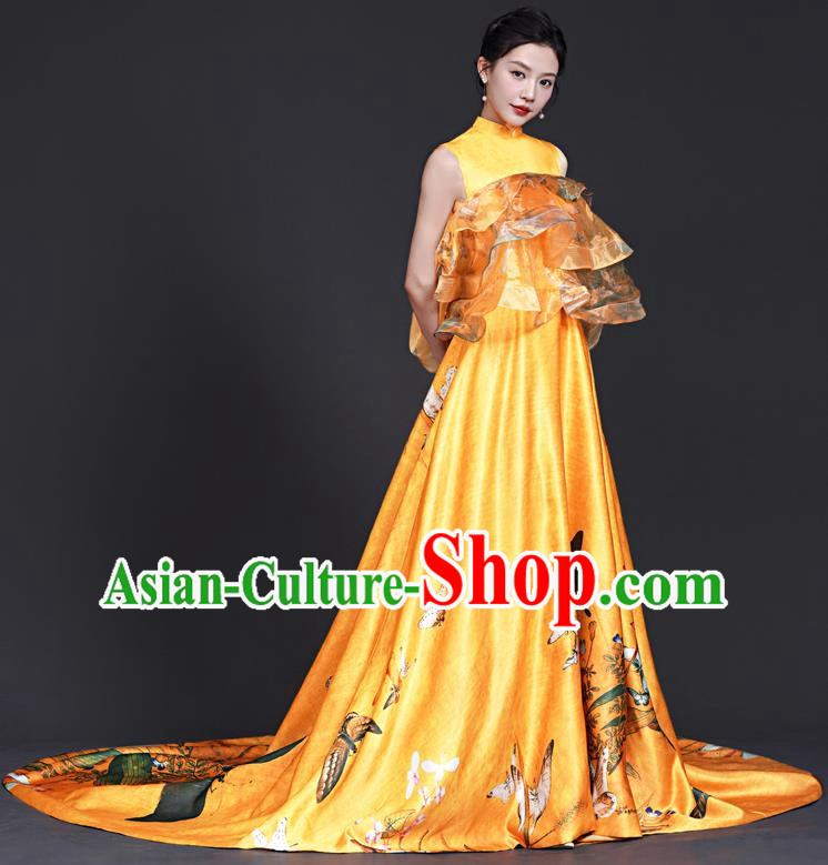 Chinese Style Top Big Tail Dress To Host The Banquet Dress Art Test Model Catwalk Show Exaggerated Performance Dress Skirt Self Cultivation