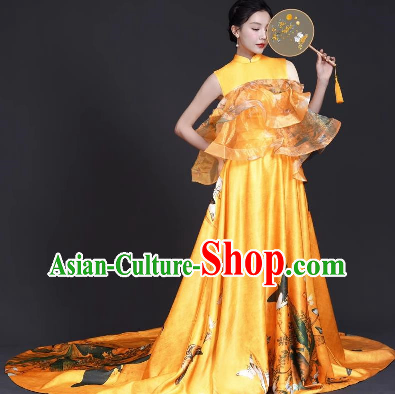 Chinese Style Top Big Tail Dress To Host The Banquet Dress Art Test Model Catwalk Show Exaggerated Performance Dress Skirt Self Cultivation