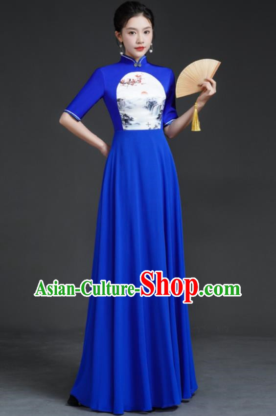 Top Chinese Style Model Catwalk Performance Costume Long Annual Meeting Evening Dress Blue Dress