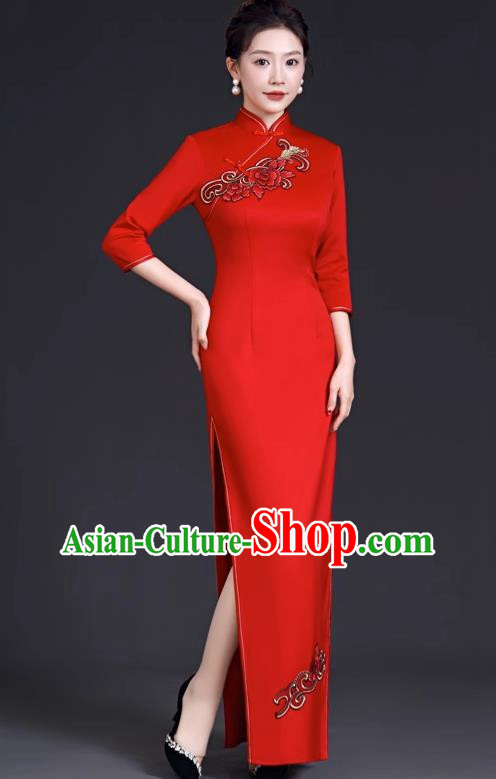 Chinese Style Simple Cheongsam Long Section Mother Model Team Catwalk Show Costume Red Evening Dress