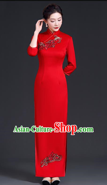 Chinese Style Simple Cheongsam Long Section Mother Model Team Catwalk Show Costume Red Evening Dress