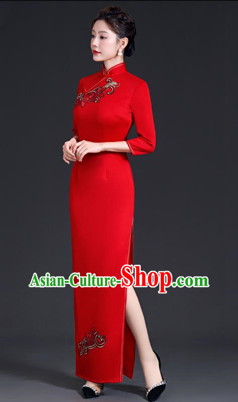 Chinese Style Simple Cheongsam Long Section Mother Model Team Catwalk Show Costume Red Evening Dress