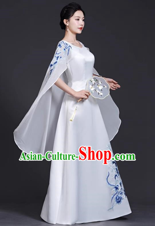Top Chinese Style Blue And White Porcelain Cheongsam Adult Guzheng Performance Clothing Elegant Model Catwalk White Dress