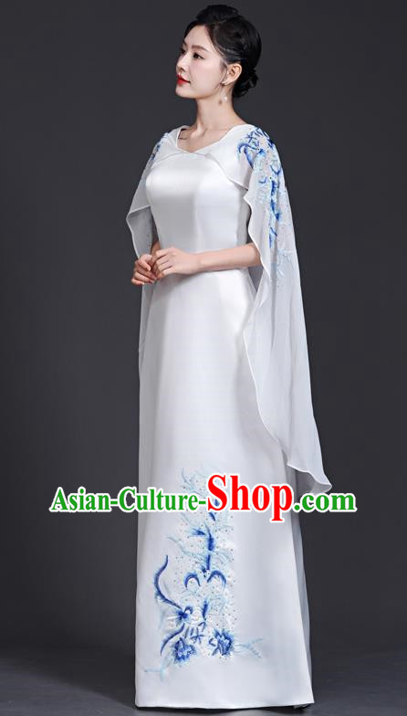 Top Chinese Style Blue And White Porcelain Cheongsam Adult Guzheng Performance Clothing Elegant Model Catwalk White Dress