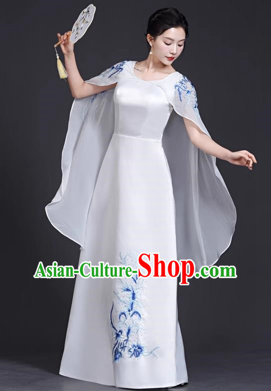 Top Chinese Style Blue And White Porcelain Cheongsam Adult Guzheng Performance Clothing Elegant Model Catwalk White Dress