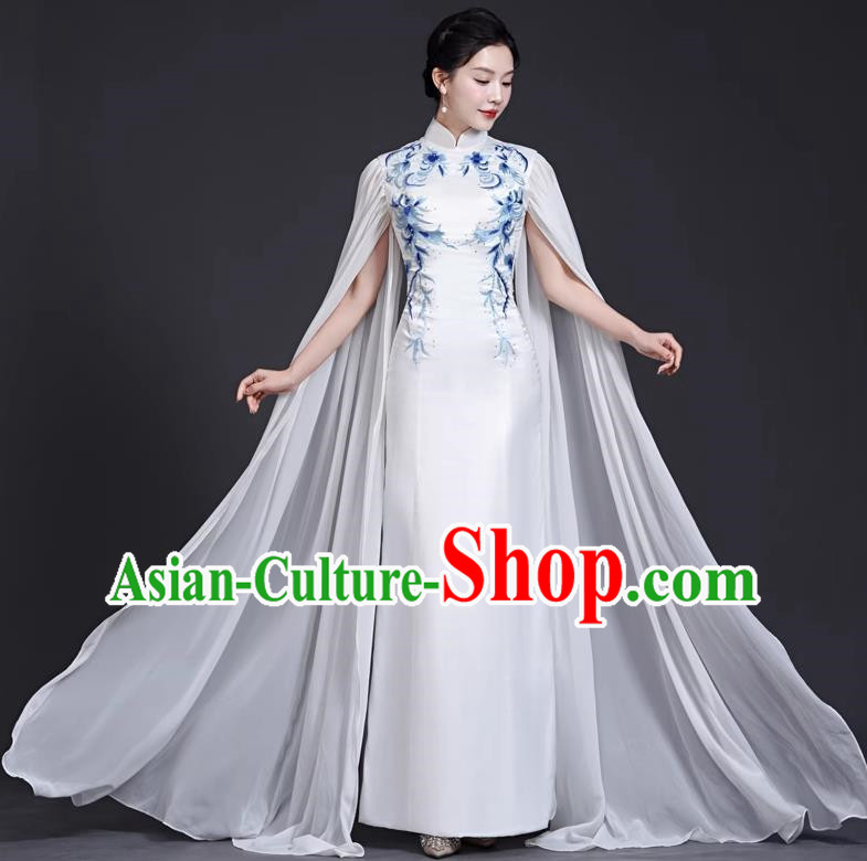 Top Stage Catwalk Costumes Long Guzheng Water Sleeve Dance Blue And White Porcelain Cheongsam Chinese Style White Dress Embroidery