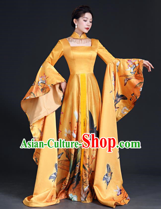 Chinese Fashion Top Catwalk Evening Dress Atmosphere Art Examination Vocal Performance Host Dress Model Cheongsam Long Costumes