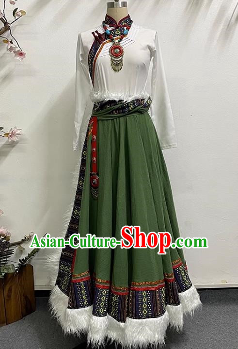 White and Green Tibetan Dance Women Large Swing Skirt Tibetan Clothing Minority Practice Clothing Art Test Practice Performance Clothing