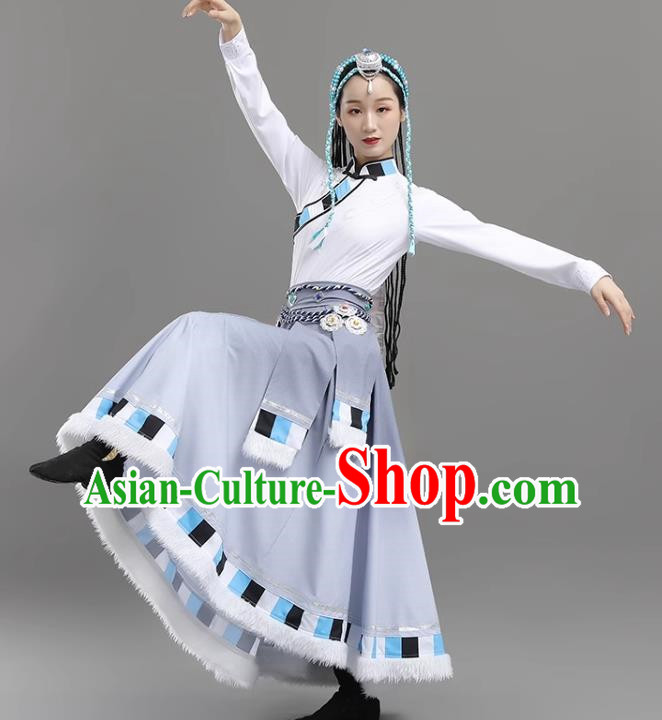 White Gray Tibetan Dance Women Big Swing Skirt Tibetan Clothing Minority Practice Clothing Art Test Practice Performance Clothing