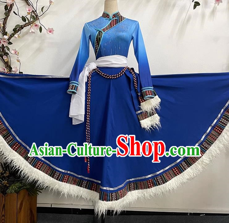 Dark Blue Tibetan Dance Women Big Swing Skirt Tibetan Clothing Ethnic Minority Practice Clothing Art Test Practice Performance Clothing