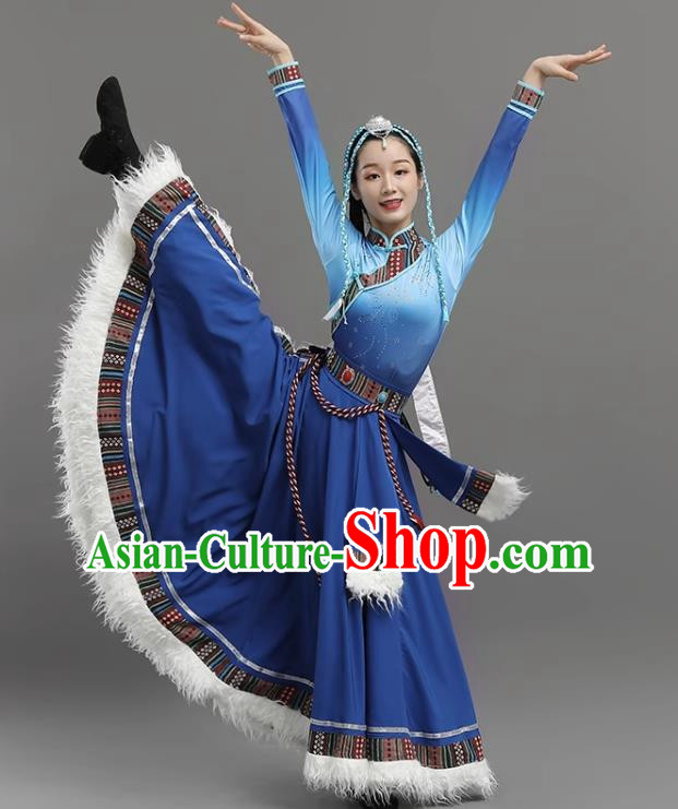 Dark Blue Tibetan Dance Women Big Swing Skirt Tibetan Clothing Ethnic Minority Practice Clothing Art Test Practice Performance Clothing