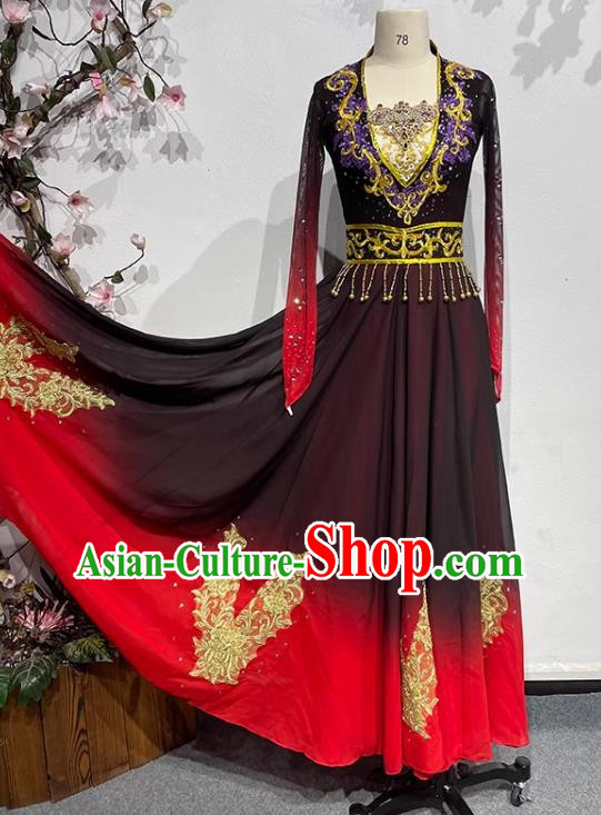 Black and Red Uyghur Dance Art Examination Performance Clothing China Xinjiang Dance Ethnic Style Clothing Adult Big Skirt Practice Performance