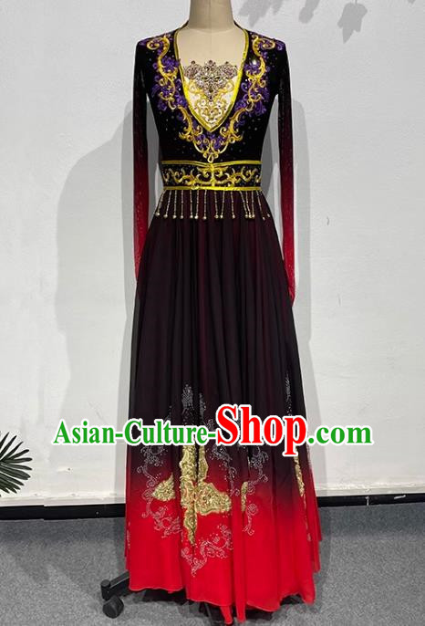 Black and Red Uyghur Dance Art Examination Performance Clothing China Xinjiang Dance Ethnic Style Clothing Adult Big Skirt Practice Performance