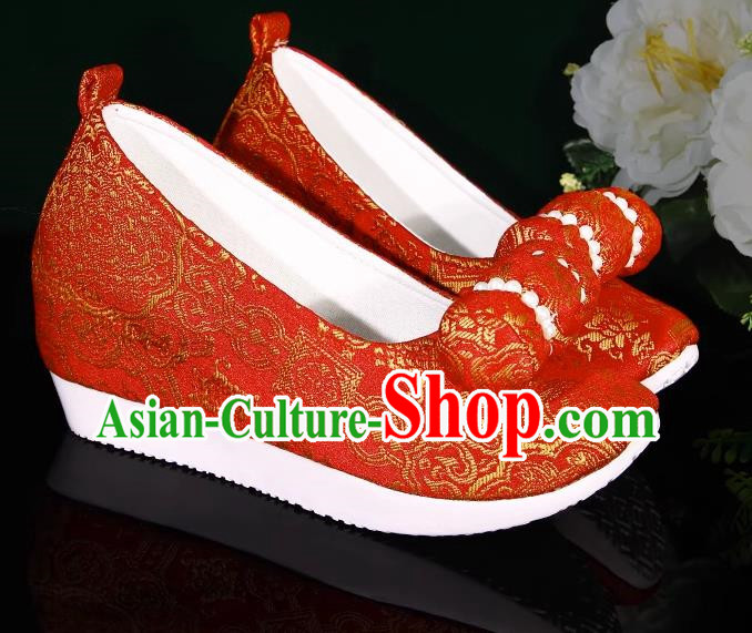 Red Hanfu Shoes Women Original Ancient Style Inner Heightening Round Toe Soft Soled Shoes Ming System Horse Face Climbing Cloud Shoes