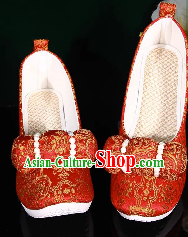 Red Hanfu Shoes Women Original Ancient Style Inner Heightening Round Toe Soft Soled Shoes Ming System Horse Face Climbing Cloud Shoes