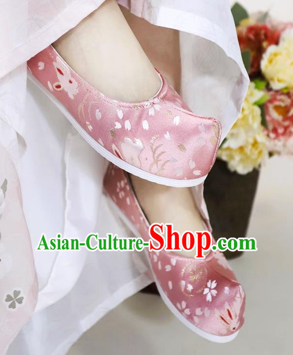 Hanfu Shoes Ancient Style Flat Heel Round Toe Soft Sole Shoes Ming Dynasty Horse Face Ancient Costume Women Cloth Shoes Pink