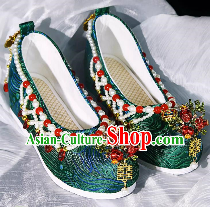 Handmade Beaded Hanfu Shoes Women Inner Increase High School Heel Cloth Shoes Ancient Costume Xiuhe Wedding Shoes Green