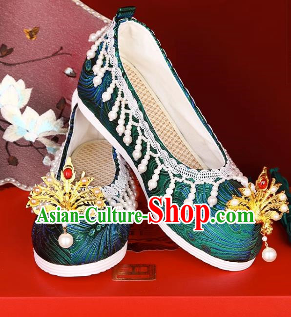 Handmade Beaded Hanfu Shoes Women Inner Increase High School Heel Cloth Shoes Ancient Costume Xiuhe Wedding Shoes Green