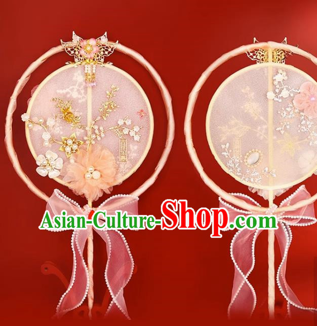 Pink Group Fan Ancient Fan Semi Transparent Long Handle Tassel Dance Fan Female Ancient Costume Hanfu